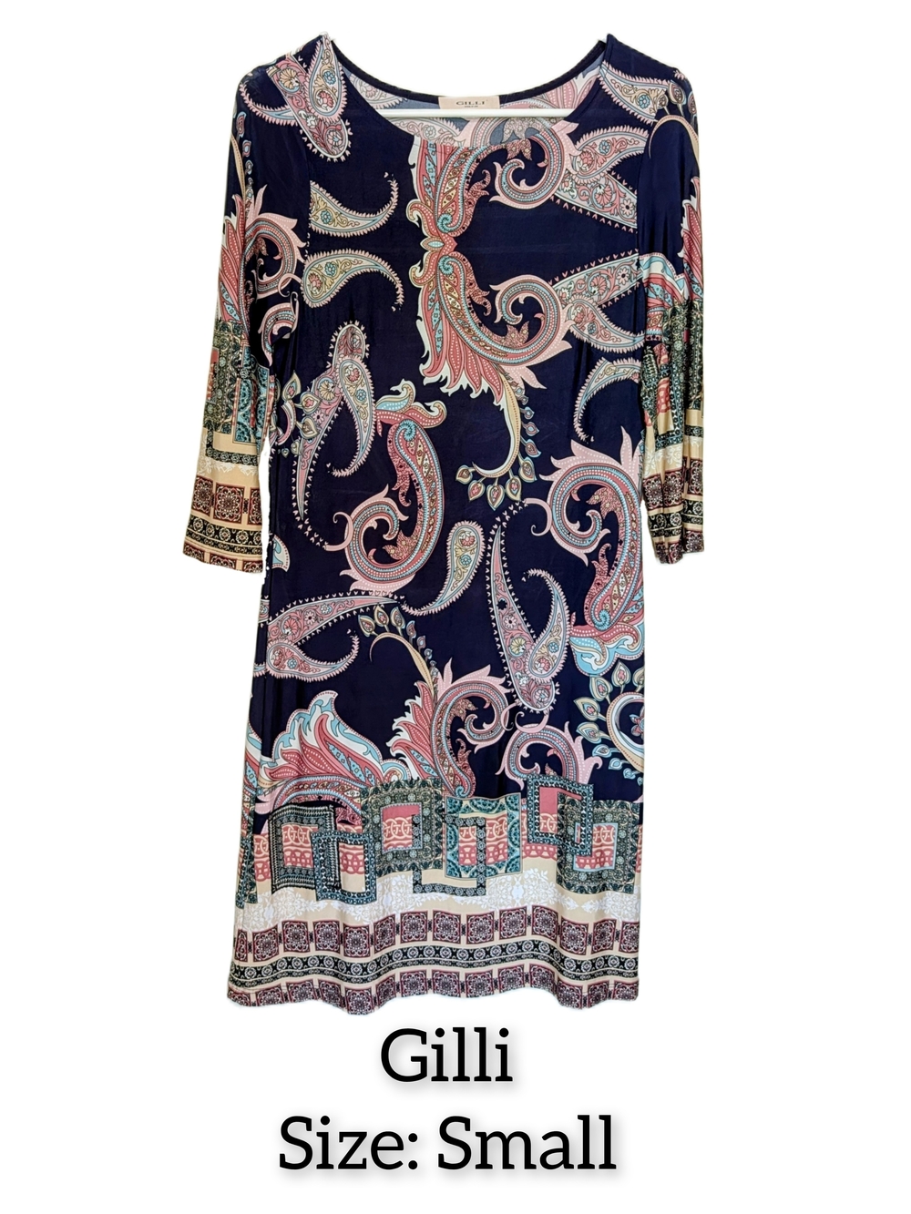 Gilli Navy Paisley Border-Print Long Sleeve Dress